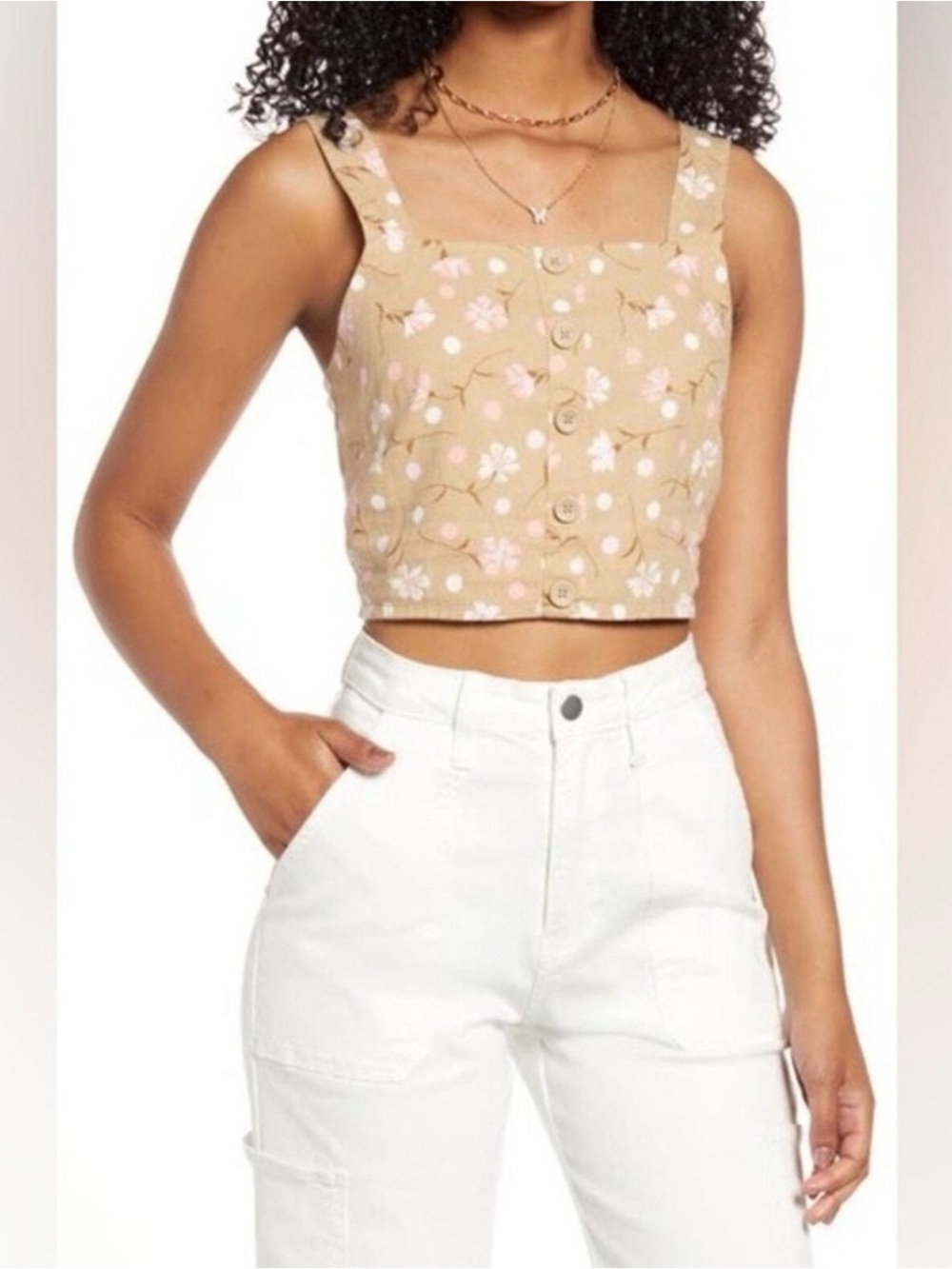 BP BUTTON FRONT LINEN BLEND TANK IN BEIGE- PINK SOPHIE FLORAL NWT